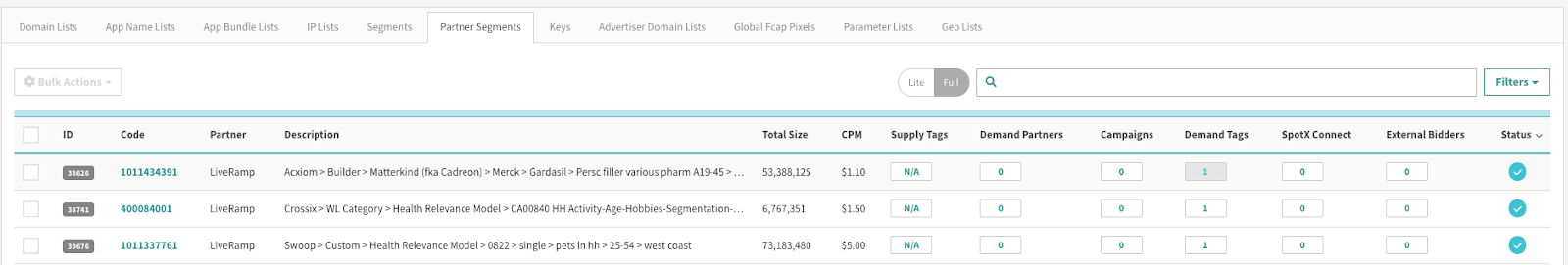 Full view of the partner segments table shows columns for supply tags, demand partners, campaigns, demand tags, spotx connect, and external bidders