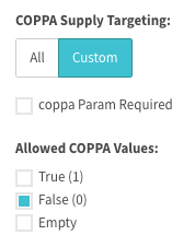 COPPA Supply Targeting set to custom reveals Allowed COPPA Values checkbox group, where False(0) is checked