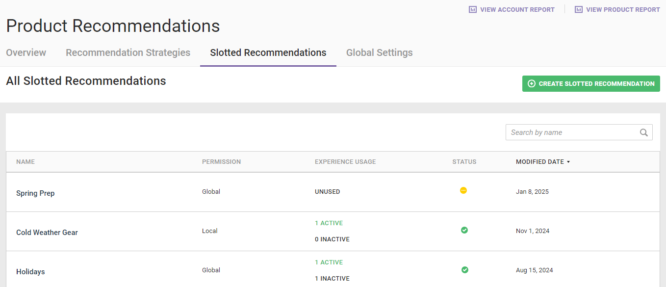 Example of the Slotted Recommendations list page in the Monetate platform