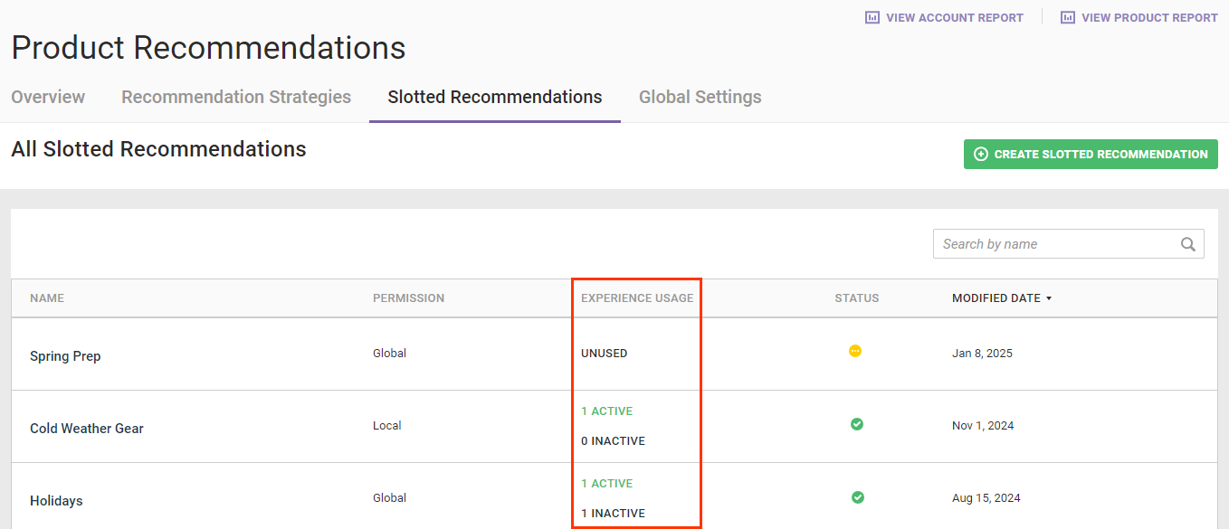Callout of the EXPERIENCE USAGE column of the table on the Slotted Recommendations list page. One slotted recommendation is unused. Another slotted recommendation has 1 active and zero inactive experiences. A third slotted recommendation has 1 active experience and 1 inactive experience.