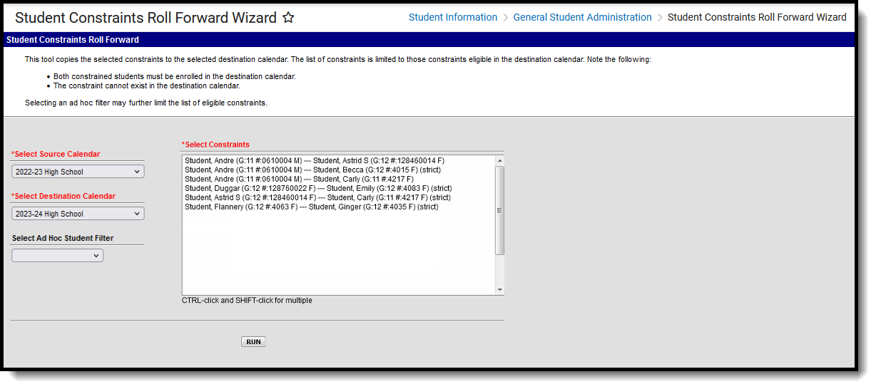 Screenshot of the Student Constraints Roll Forward tool