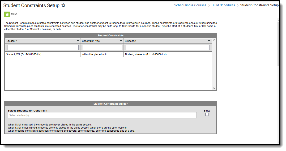 Screenshot of the Student Constraints tool