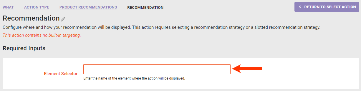 Callout of the Element Selector field of a recommendations action template