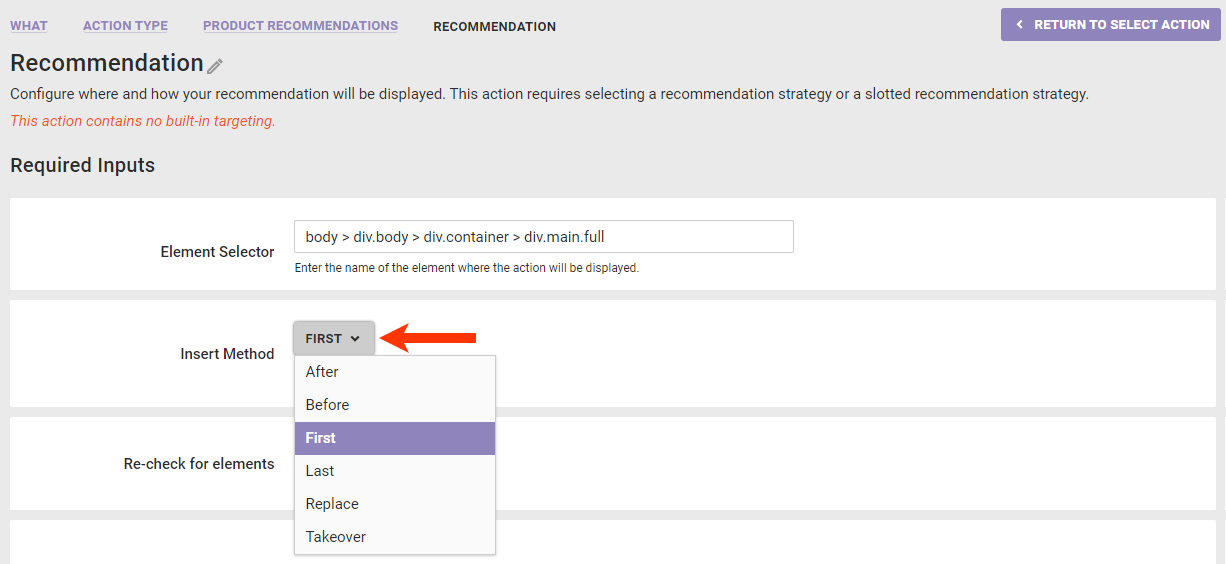 Callout of the Insert Method selector of a recommendations action template
