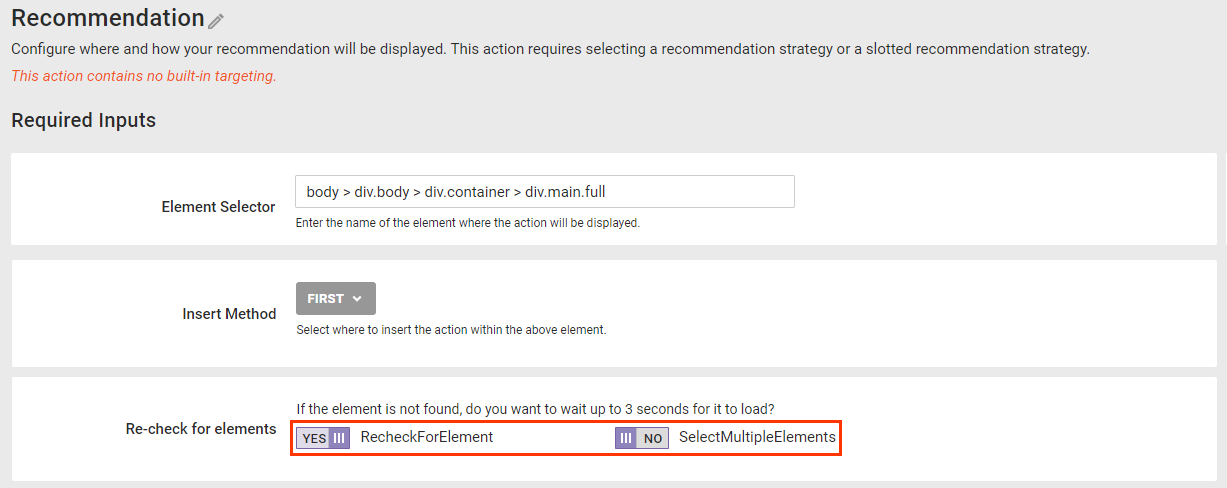 Callout of the 'Recheck For Element' and 'Select Multiple Elements' options of a recommendations action template