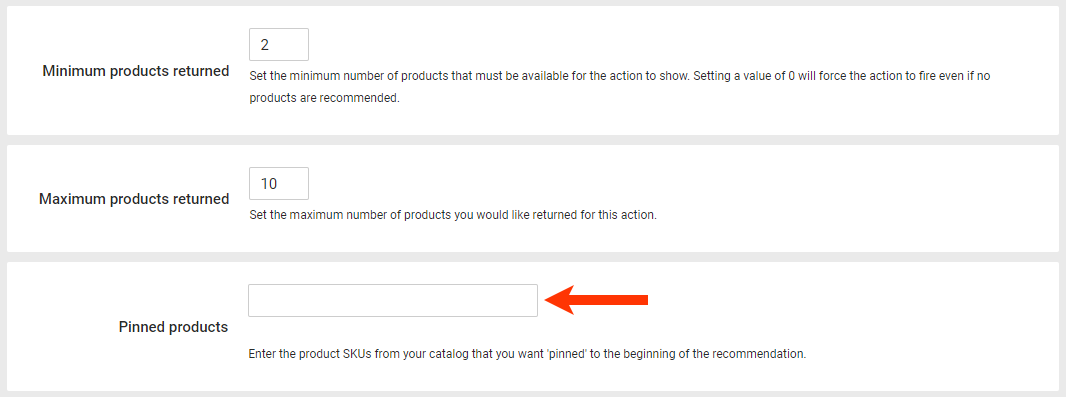 Callout of the Pinned Products field of a recommendations action template