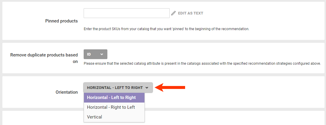 Callout of the Orientation selector of a recommendations action template