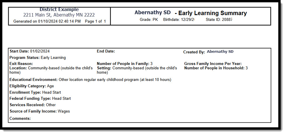 Example of a printed Early Learning Summary Report.