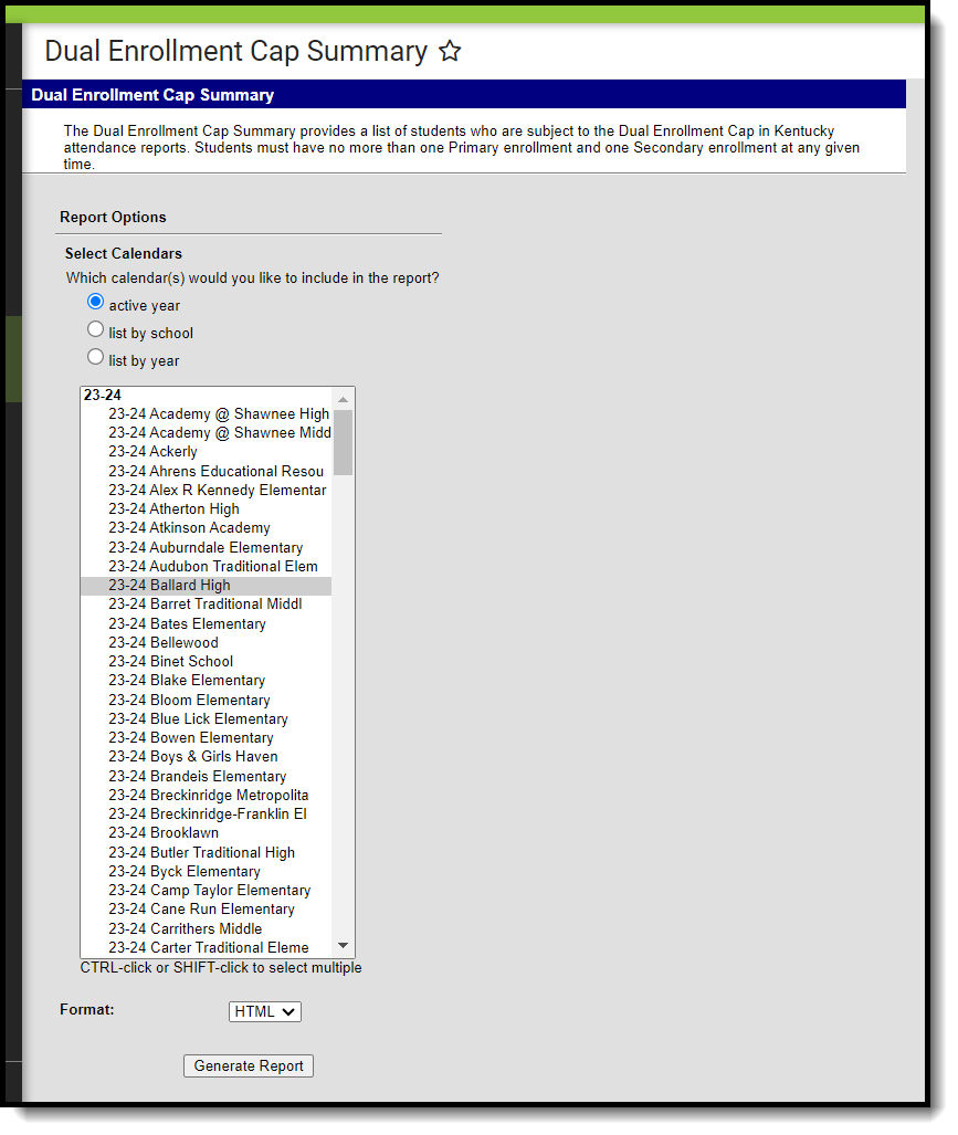 Screenshot of the Dual Enrollment Cap Summary Report Editor.
