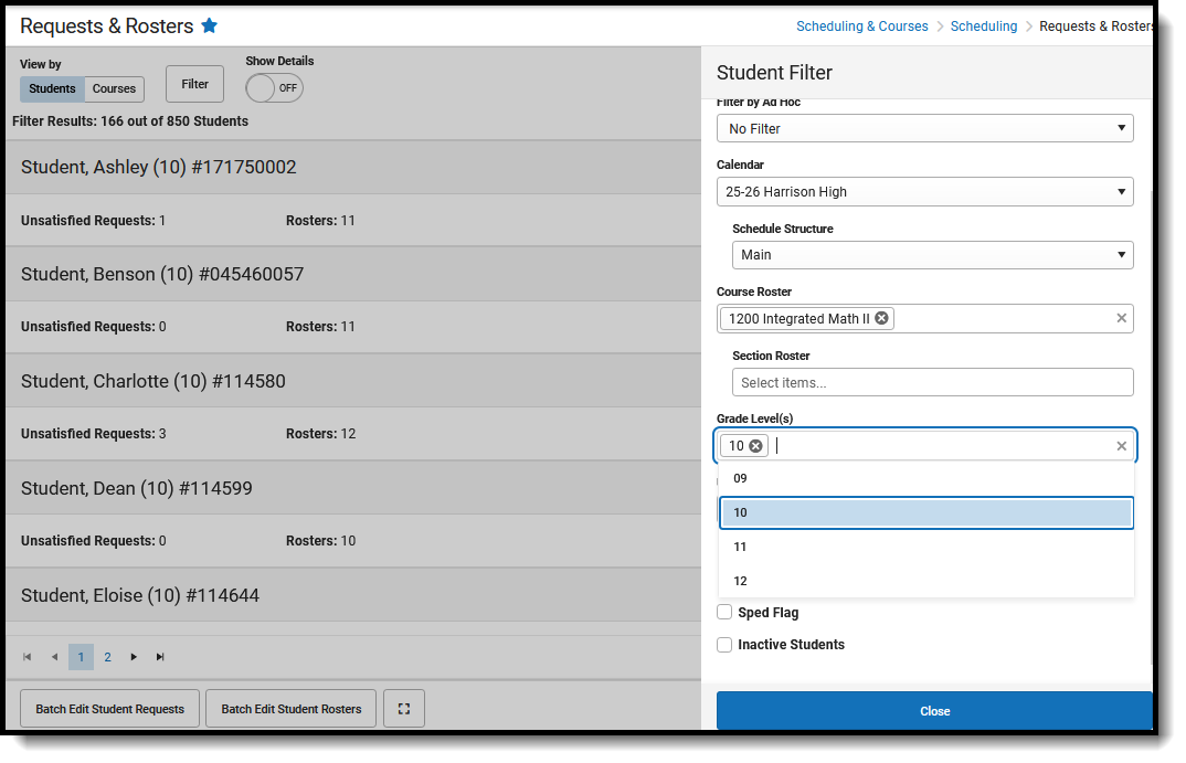 Screenshot of the Filter Options when viewing by Students.