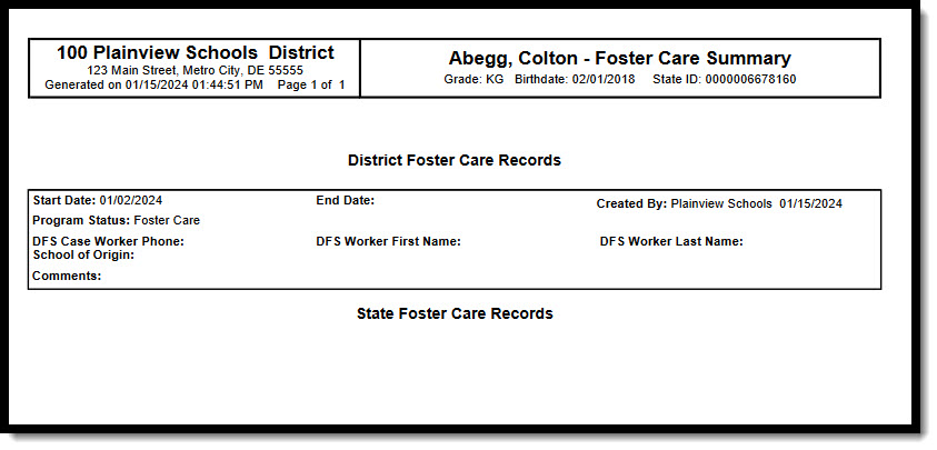 Screenshot of a printed Foster Care Summary.