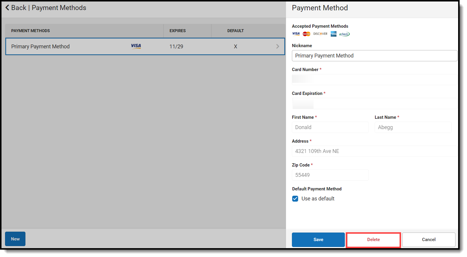 Screenshot of the Delete a Payment screen