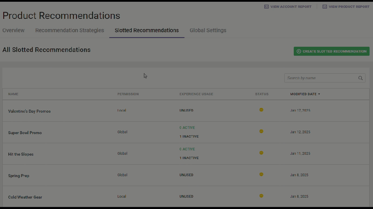 Animated demonstration of a user clicking the UNUSED value in the USAGE column for a slotted recommendation. The 'Experiences for' modal for a slotted recommendation appears, with 'No associated experiences found' stated in the modal.