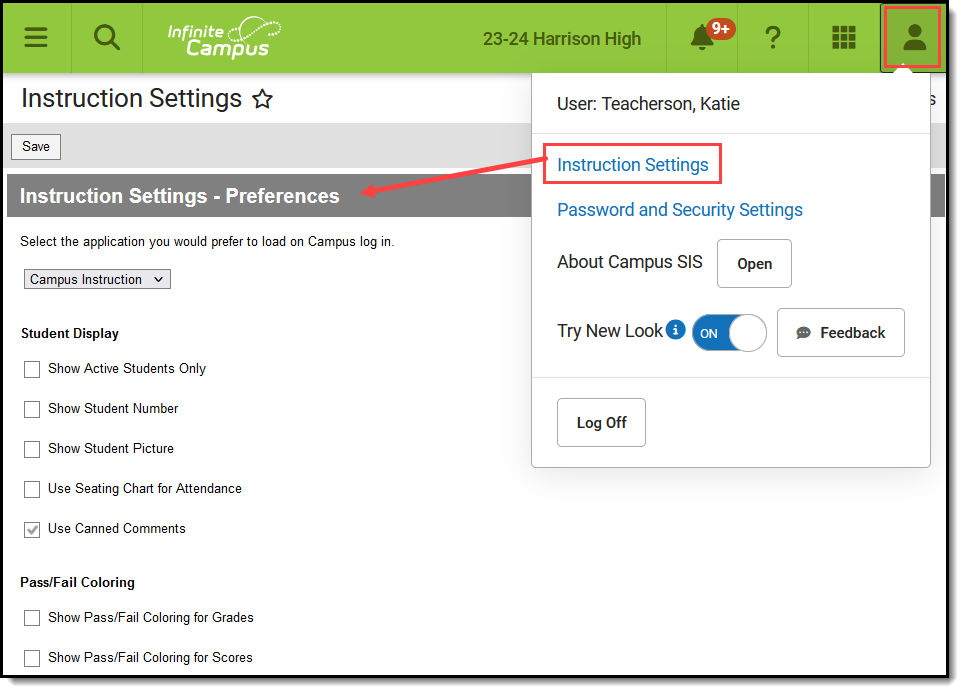 Screenshot of the Account Settings tool in instruction accessed through the user menu at the top right of the screen. 