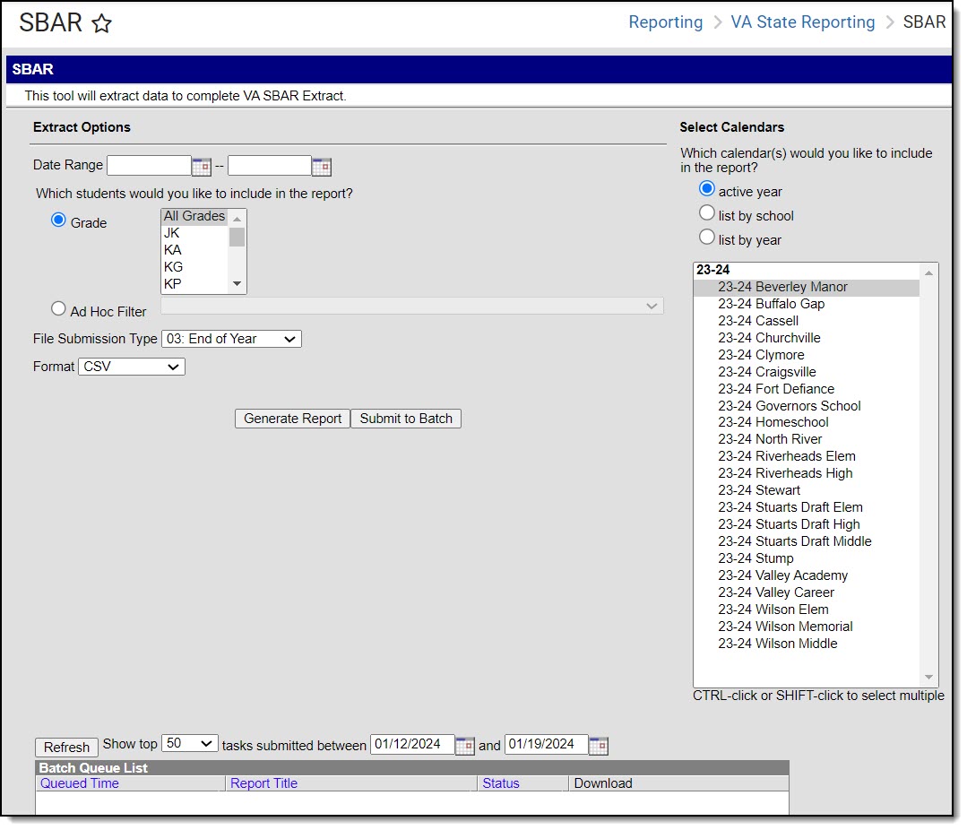 Screenshot of the Student Behavior and Administrative Response Collection Extract Editor.