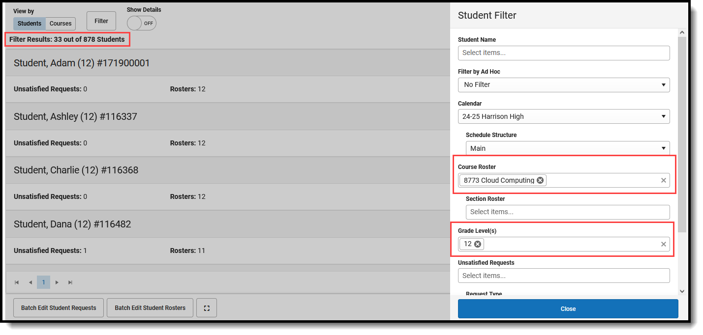 Screenshot of a filtered list of students. 