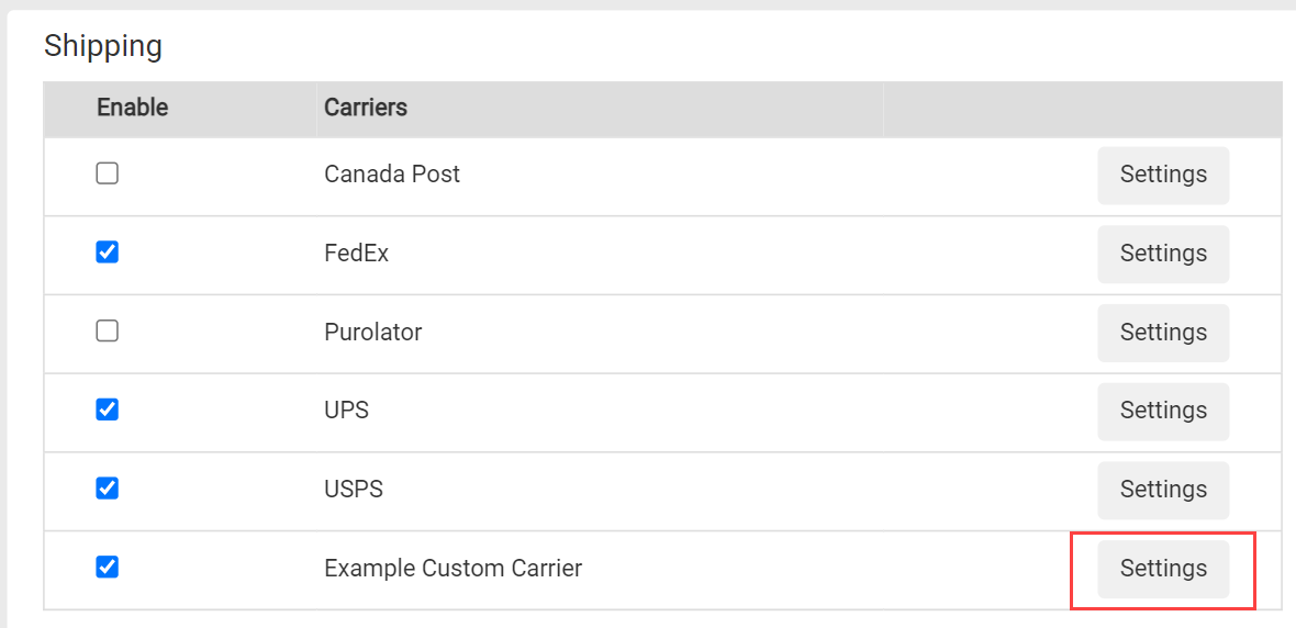 A list of carrier with a callout for the custom carrier Settings button