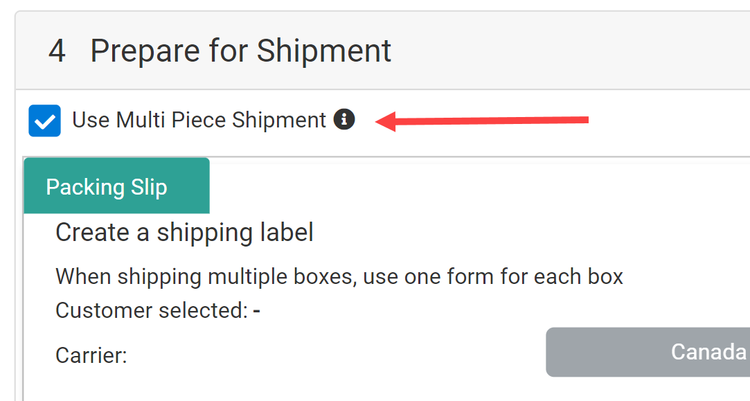 The Prepare for Shipment step showing the multi piece shipments toggle