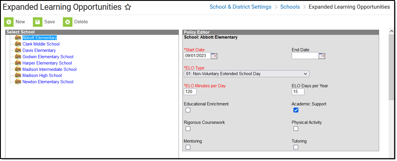 Screenshot of the Expanded Learning Opportunities Editor.