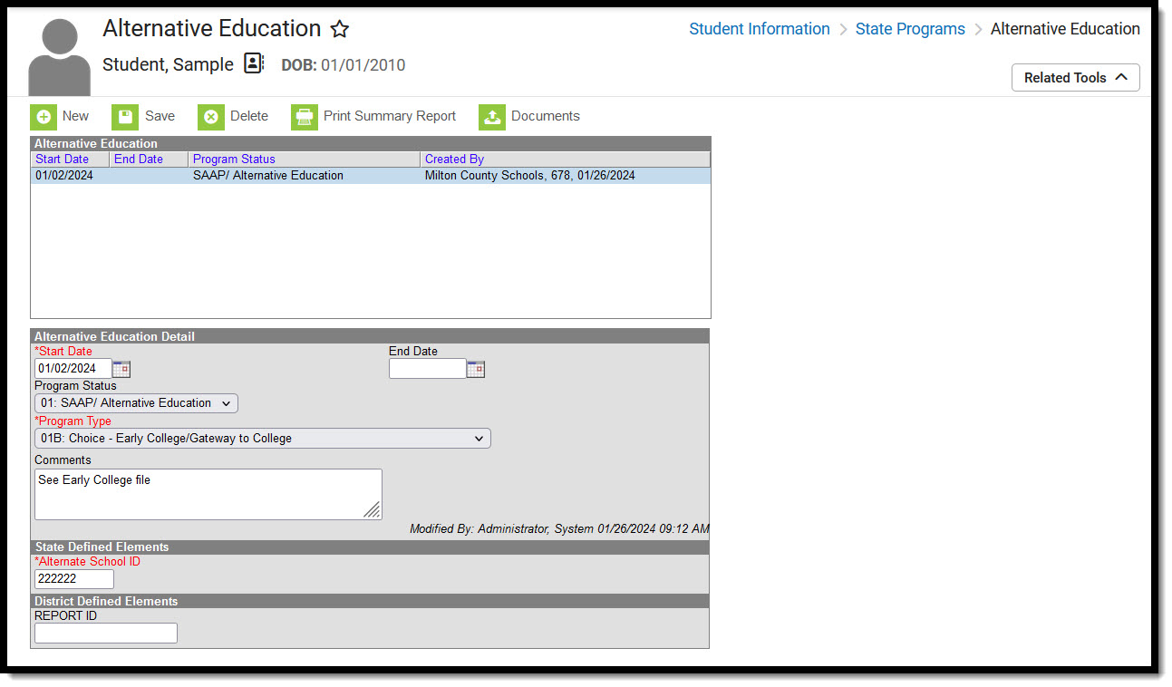 Screenshot of the Alternative Education tool, located at Student Information, State Programs. 