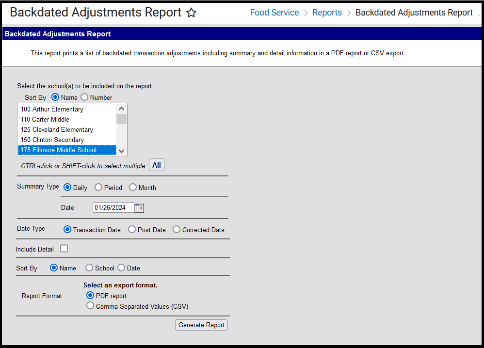 Screenshot of the Backdated Adjustments Report editor.