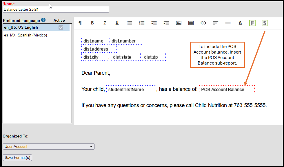 Screenshot after the Letter Format button is clicked. Text for the letter is entered and formatted here.