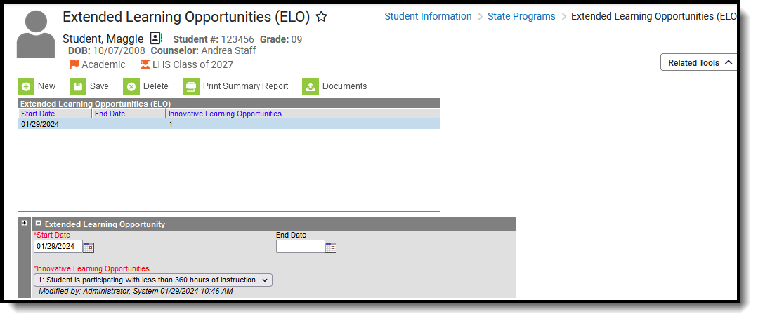 Screenshot of the Extended Learning Opportunities editor, located at Student Information, State Programs. 