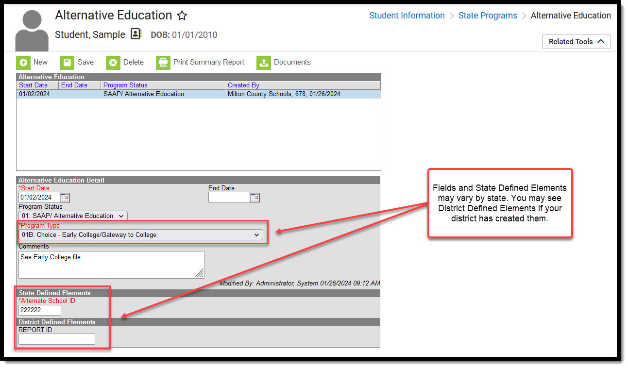 Screenshot of the Alternative Education tool, located at Student Information, State Programs. 