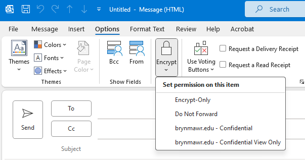 encrypt icon and options in the toolbar of a outlook email