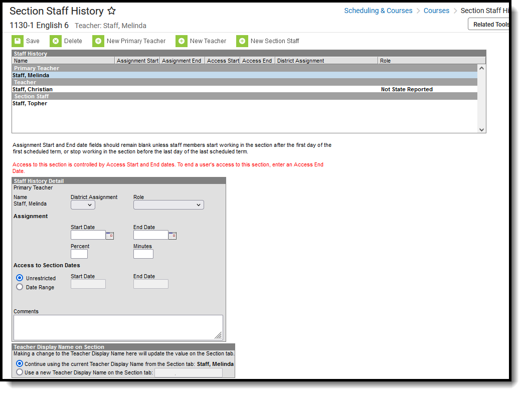 Screenshot of the Section Staff History tool, located at Scheduling & Courses, Courses