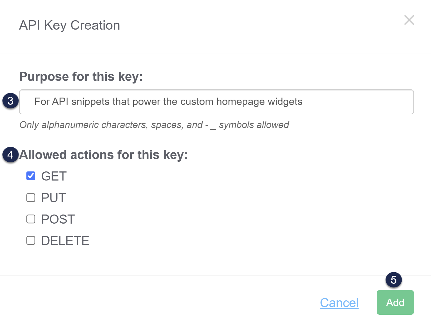 Screenshot showing the API Key Creation pop-up, with a callout around the action checkboxes and an arrow to the Add button