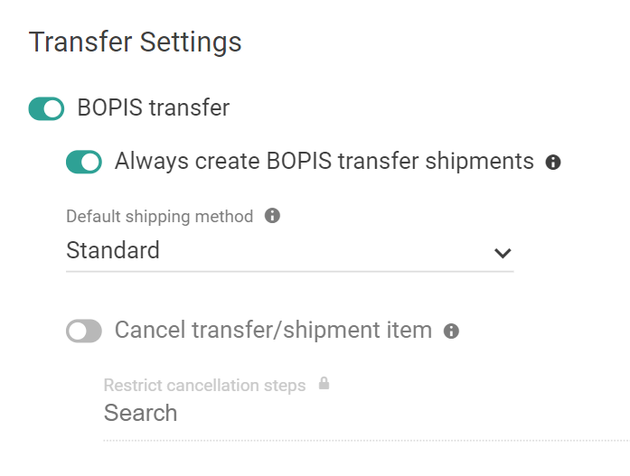 The site Transfer Settings with BOPIS transfers toggled on