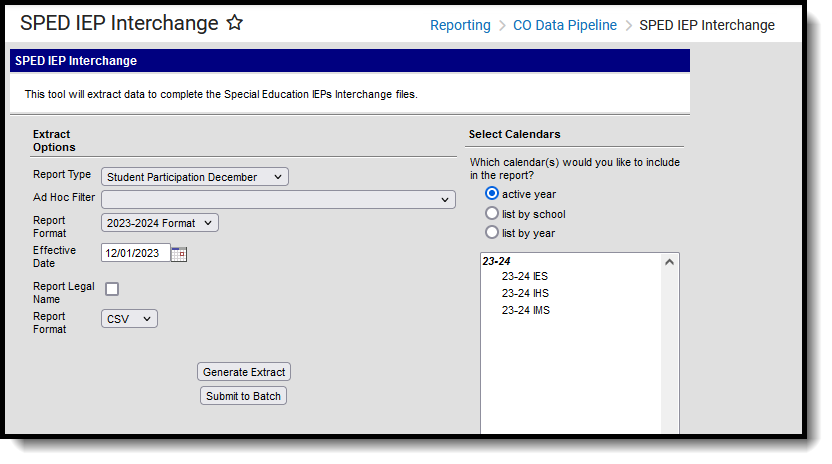 Screenshot of the Student Participation December editor, located at Reporting, CO Data Pipeline, SPED IEP Interchange