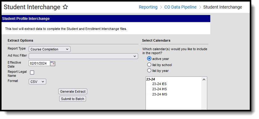 Screenshot of the Course Completion Extract, located at Reporting, CO Data Pipeline, Student Interchange.