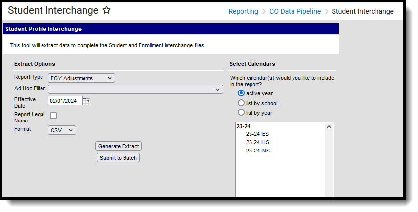 Screenshot of the EOY Adjustments Report located at Reporting, CO Data Pipeline, Student Interchange.