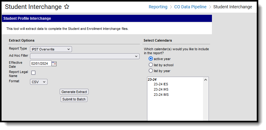 Screenshot of the Student Interchange IPST Overwrite, located at Reporting, CO Data Pipeline