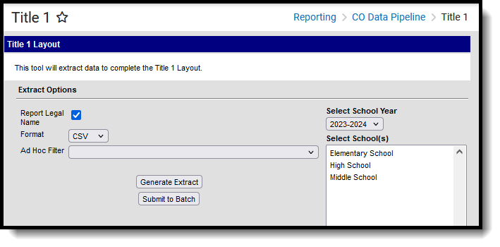 Screenshot of the Title 1 Extract, located at Reporting, CO Data Pipeline