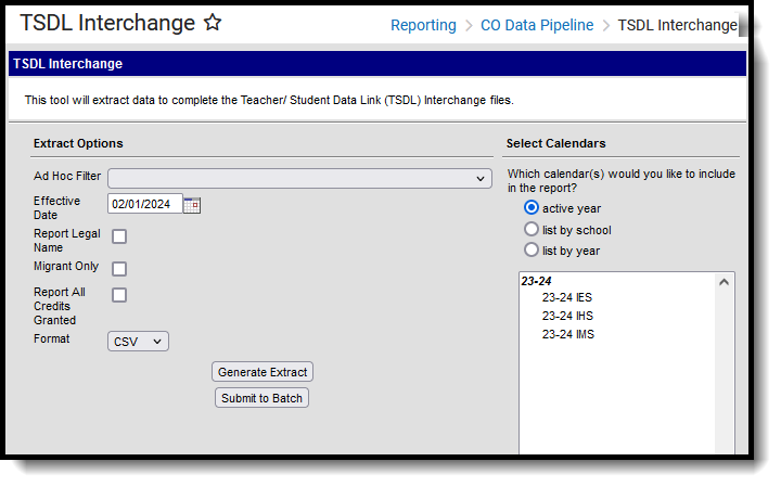 Screenshot of the TSDL Interchange Extract editor, located at Reporting, CO Data Pipleine