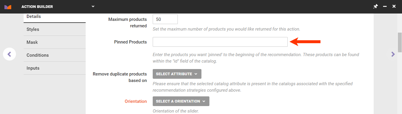 Callout of the Pinned Products field on the Details tab of Action Builder