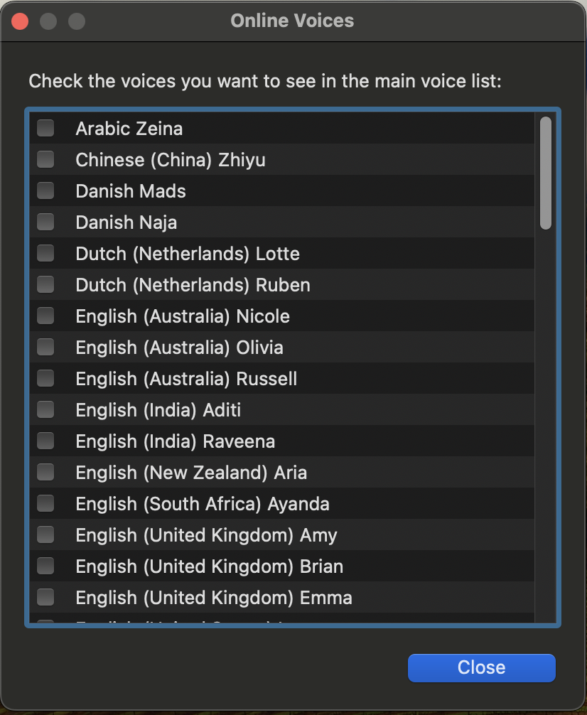 Online voices menu