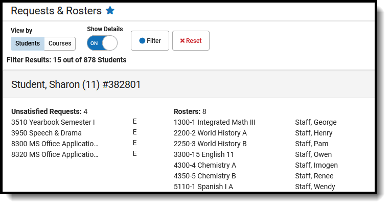 Screenshot of the Student View of Requests and Rosters with the Detail option set to ON. 