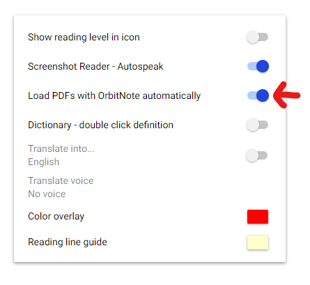 Snap&Read options menu, Load PDFs with OrbitNote automatically