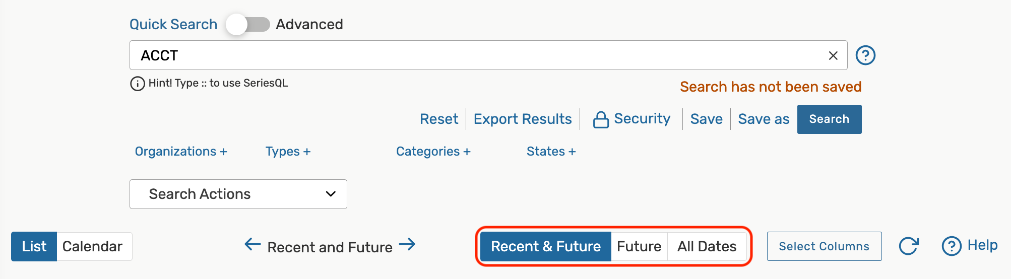 Recent and future, future, and all dates buttons above the quick search results