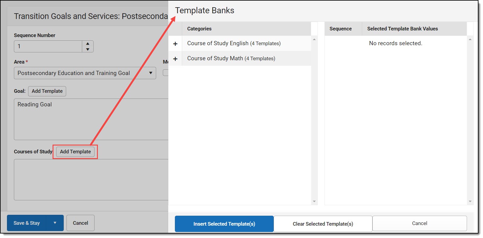 Screenshot of the Add Template icon highlighted and the Template Bank side panel displayed on the right.