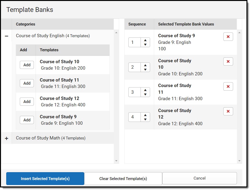 Screenshot of an expanded Template Bank Category on the left and several template values selected on the right. 
