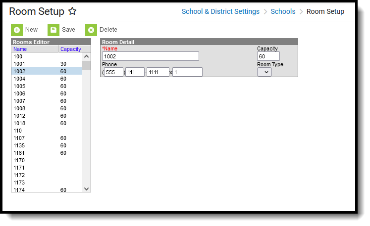 Screenshot of the Room Setup tool, located at School & District Settings, Schools.