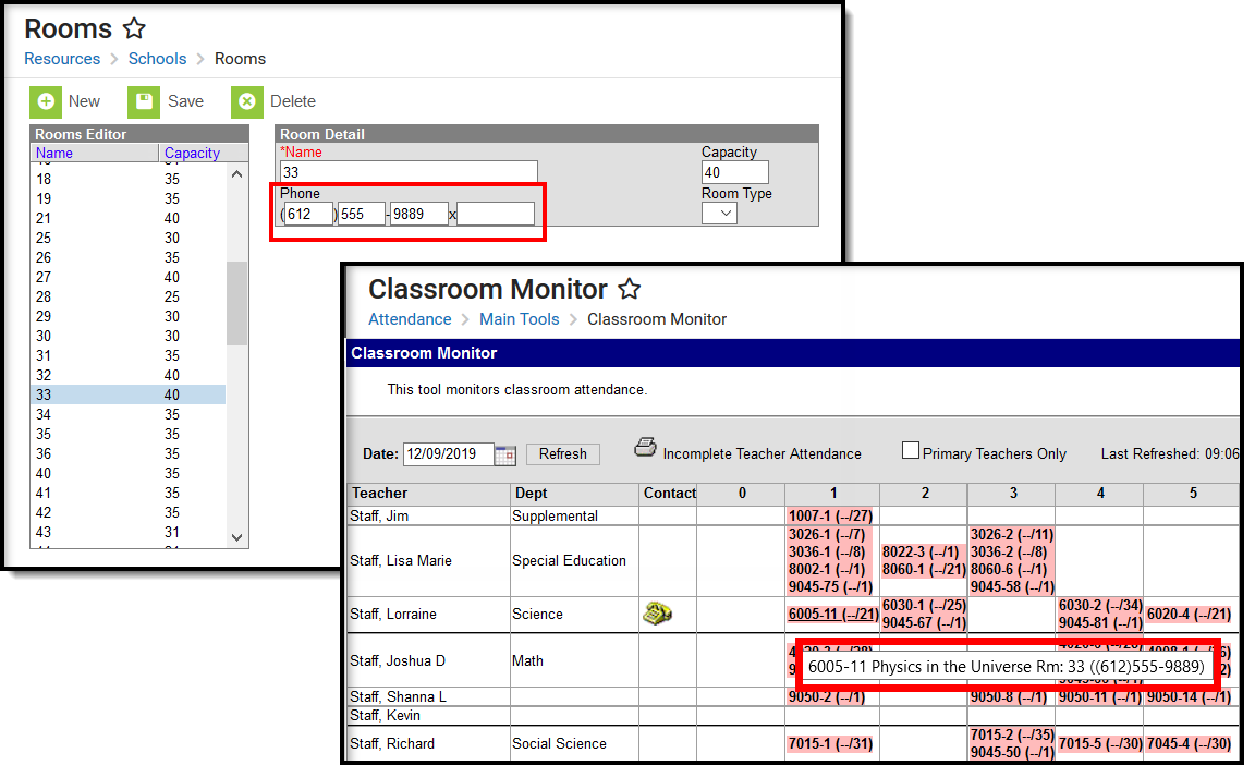 Screenshot of the phone number display in Classroom Monitor. 