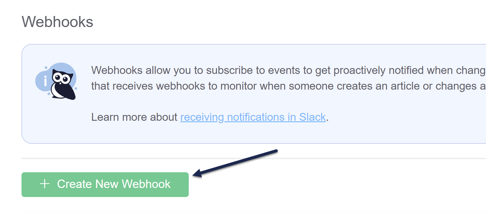 A screenshot of the Webhooks page in KnowledgeOwl with an arrow pointing to the + Create New Webhook button
