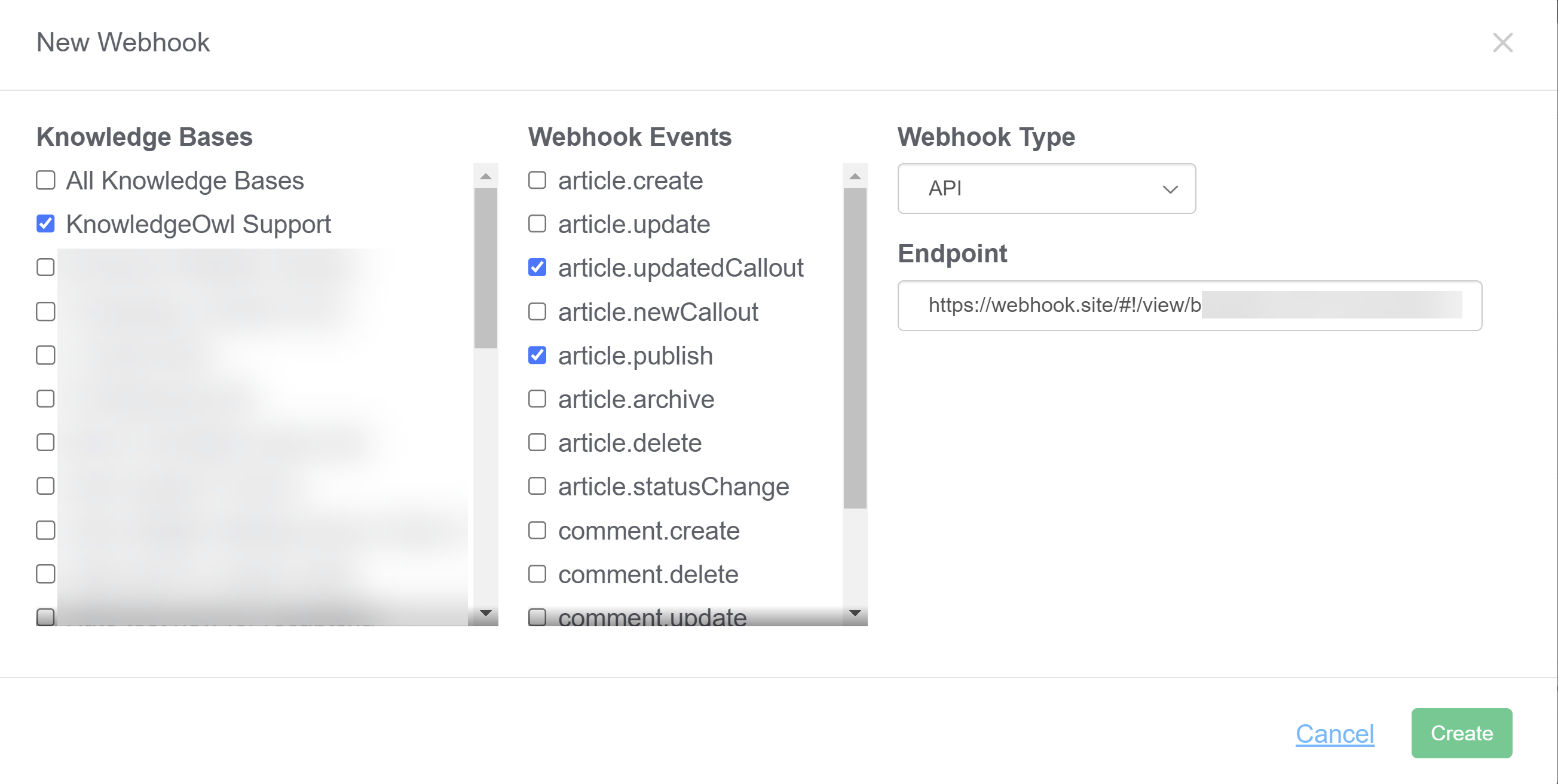 Screenshot of a sample completed New Webhook configuration pop-up with two knowledge bases selected, the article.publish Webhook Event checkbox selected, Slack Webhook Type selected, and a Slack endpoint entered