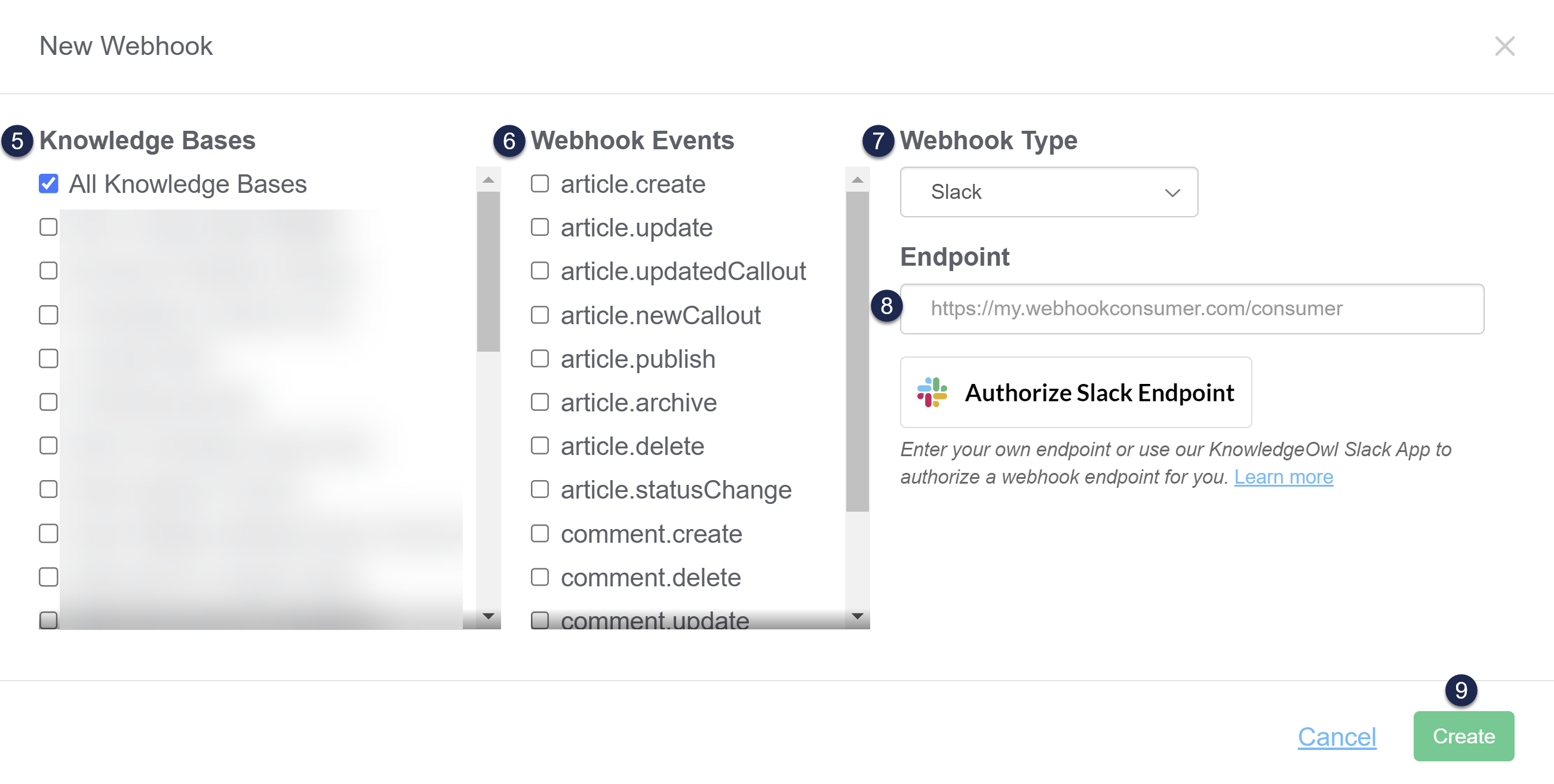 A screenshot showing the options available in the New Webhook pop-up, which lets you select All Knowledge Bases or individual knowledge bases to generate webhooks from, the webhook events you'd like to use, the Webhook Type dropdown, and an Endpoint to send the webhook's messages to